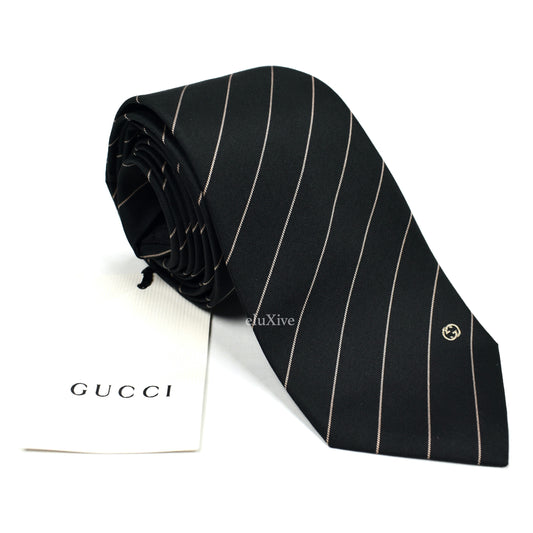 Gucci - Black Striped GG Logo Silk Tie