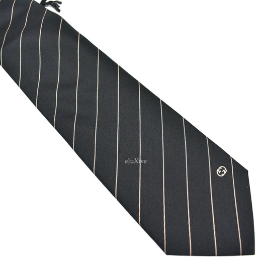 Gucci - Black Striped GG Logo Silk Tie