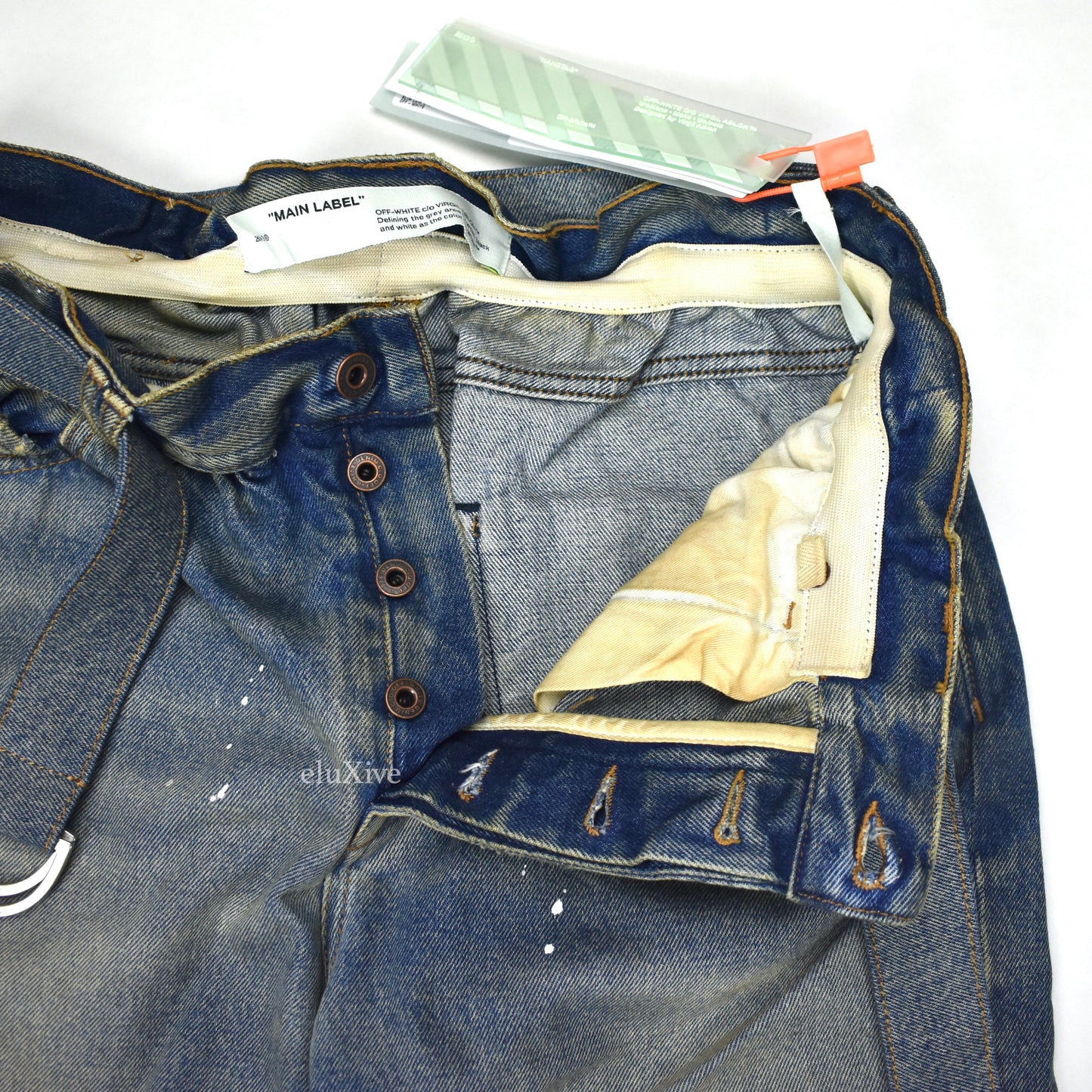 Off-White - Blue Distressed Paint Splatter Belted Denim Jeans