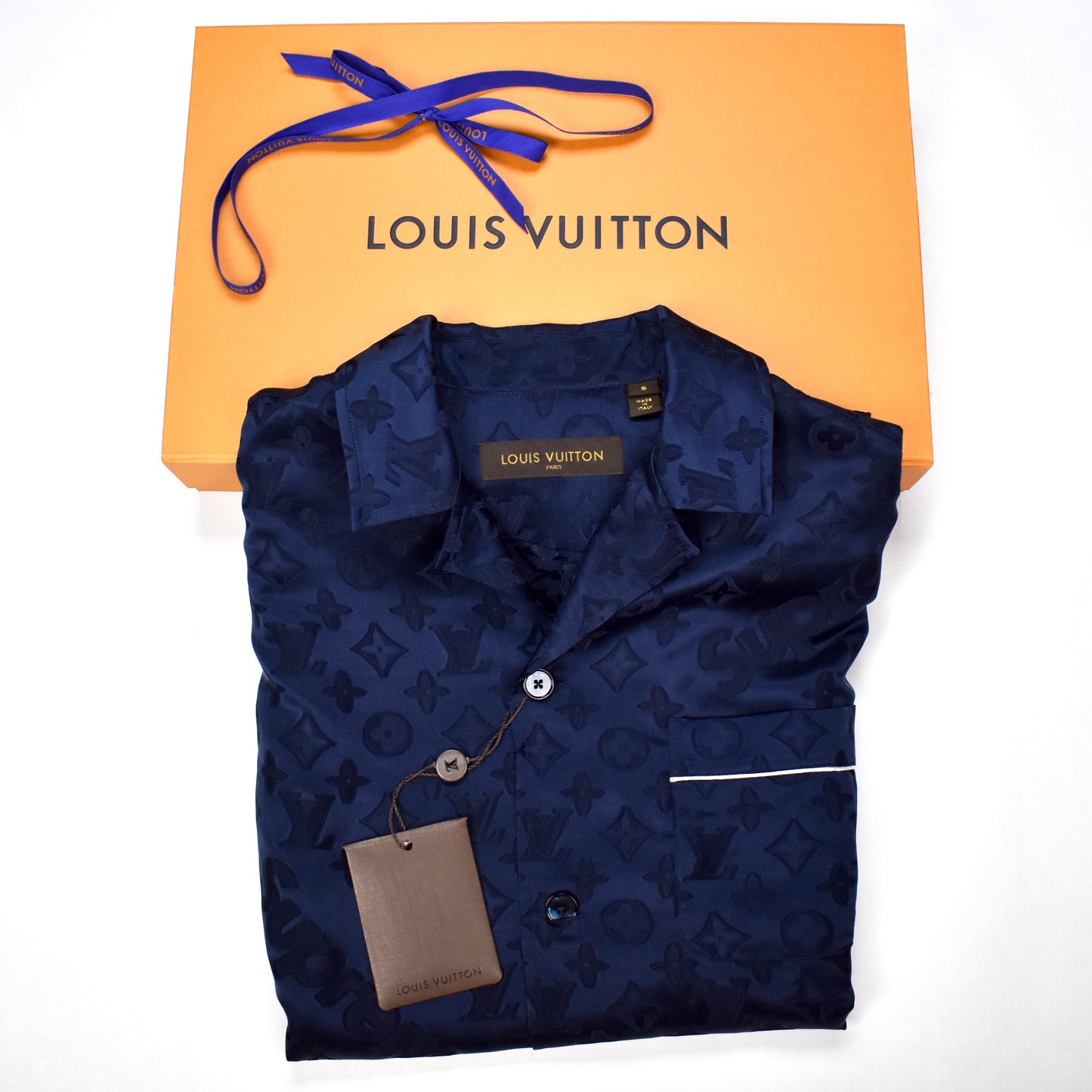 Louis Vuitton x Supreme Navy Blue Monogram Jacquard Satin Pajama Shirt L Louis  Vuitton