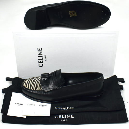 Celine - Black Leather Zebra Toe Tassel Loafers