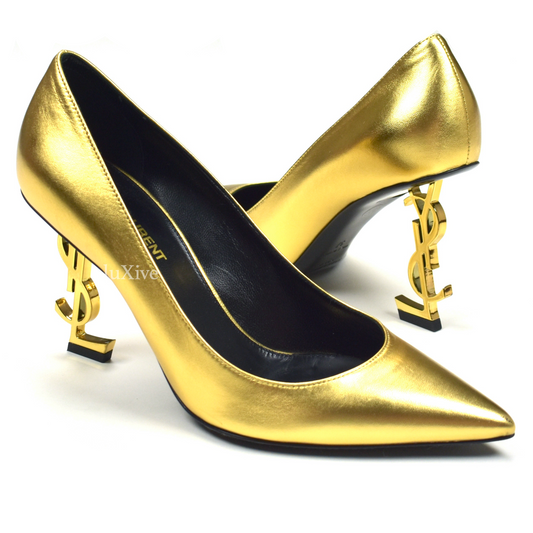Saint Laurent - Gold YSL Logo Heel Opyum Pumps