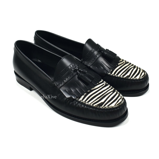 Celine - Black Leather Zebra Toe Tassel Loafers