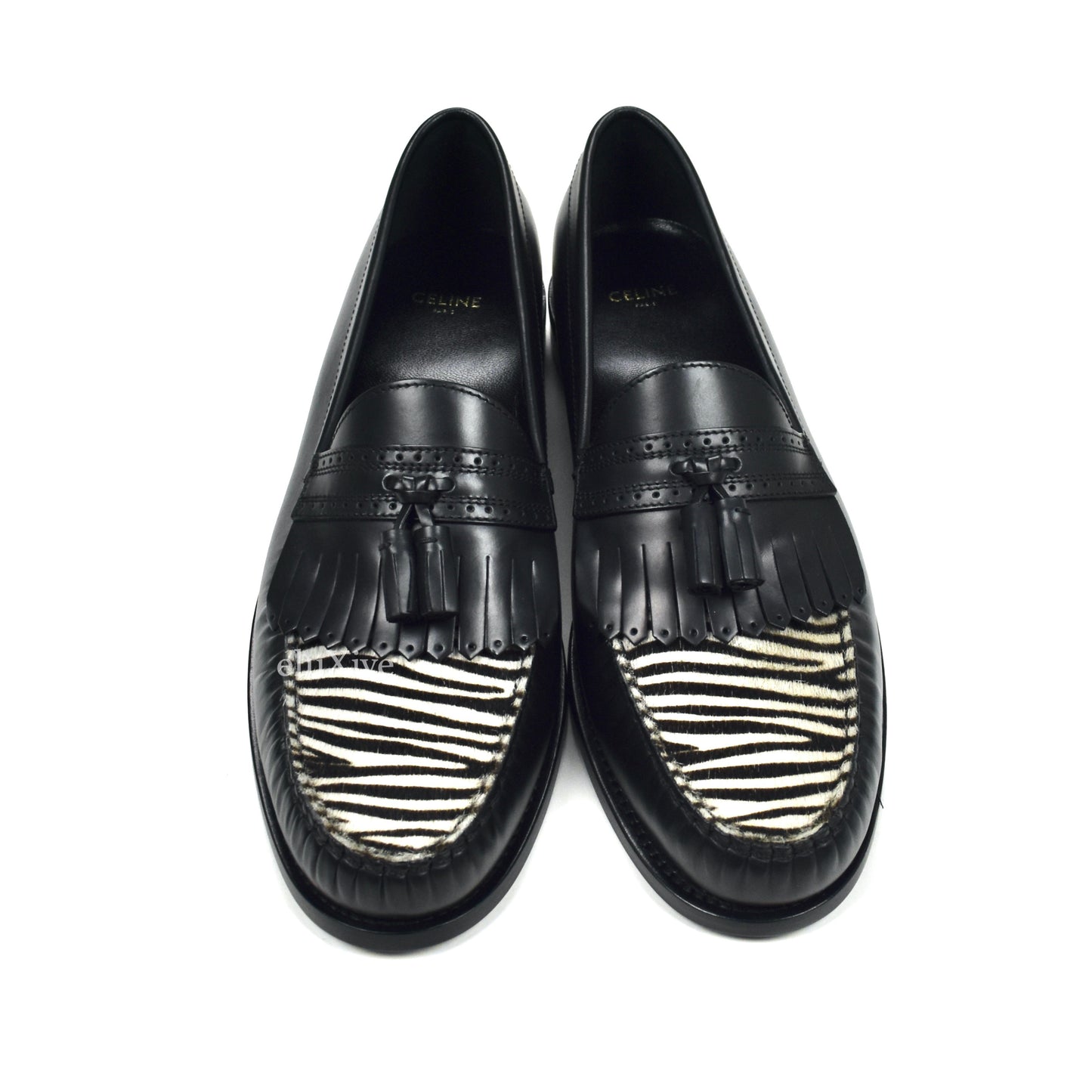 Celine - Black Leather Zebra Toe Tassel Loafers