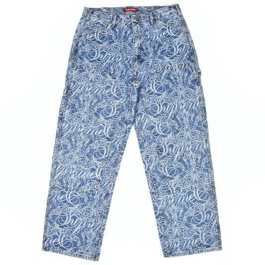 Supreme - Script Jacquard Logo Double Knee Denim Jeans (Blue)