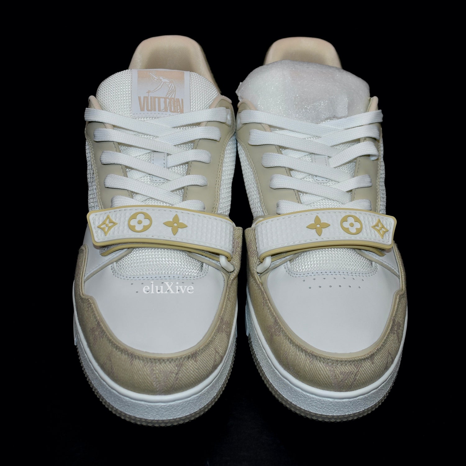 Louis Vuitton White & Beige Strap LV Trainer Sneakers worn by