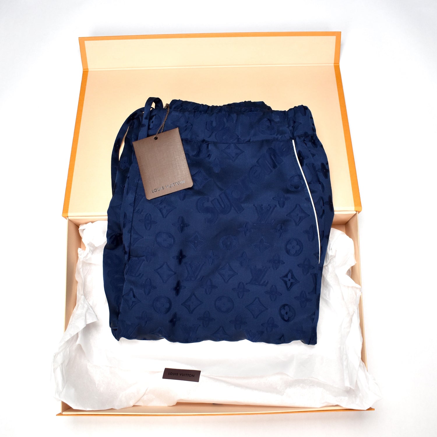 Louis Vuitton x Supreme Navy Blue Monogram Jacquard Satin Pajama Pants XL  Louis Vuitton