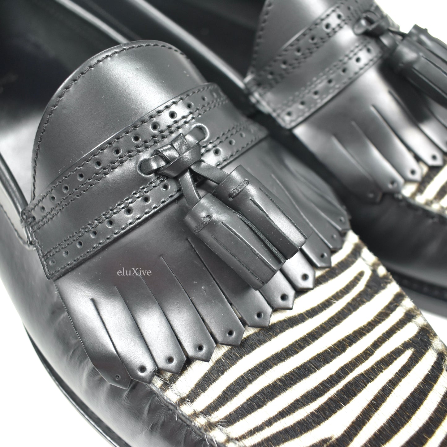 Celine - Black Leather Zebra Toe Tassel Loafers