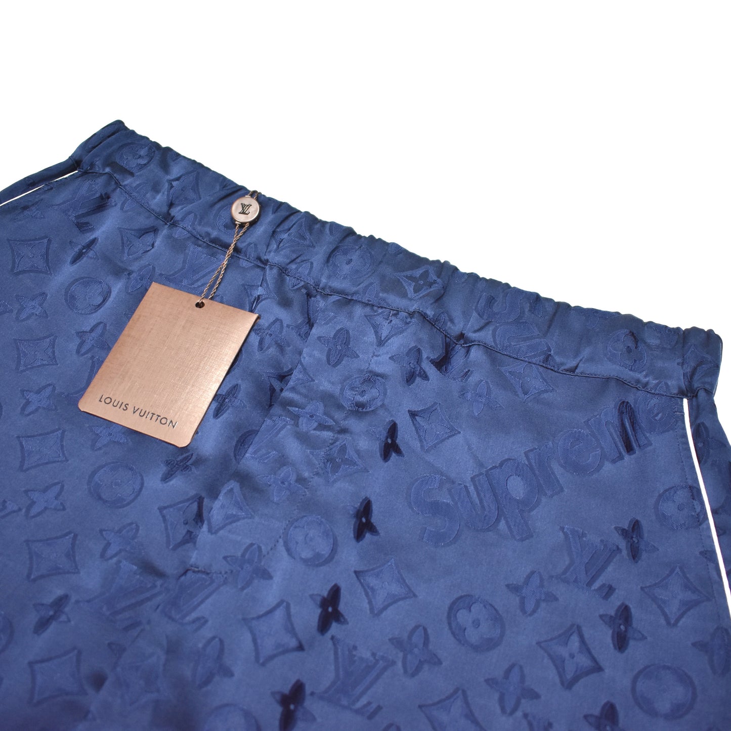Louis Vuitton x Supreme Navy Blue Monogram Jacquard Satin Pajama Shirt L  Louis Vuitton | The Luxury Closet