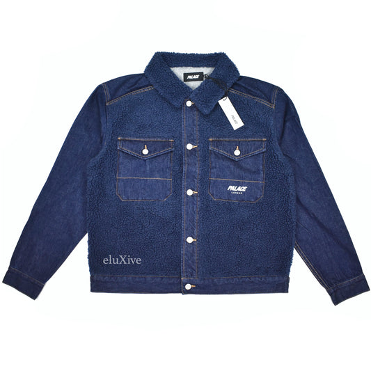 Palace - Navy Grizzly Fleece Denim Trucker Jacket