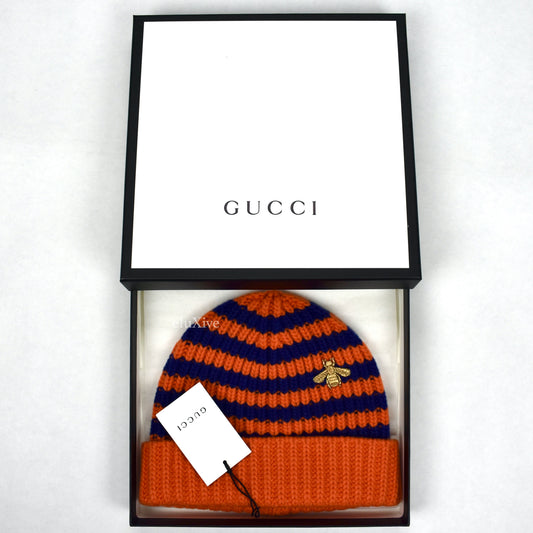 Gucci - Orange / Navy Striped Bee Embroidered Beanie