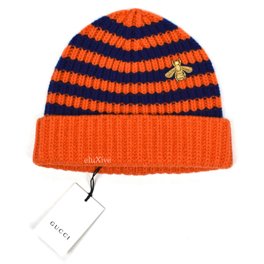 Gucci - Orange / Navy Striped Bee Embroidered Beanie