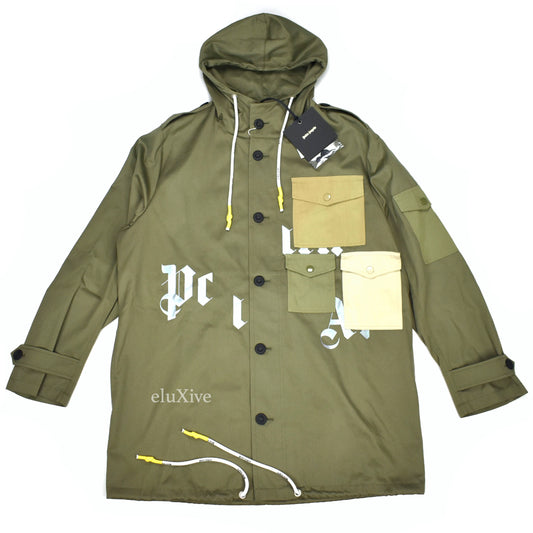 Palm Angels - Olive Twill Patch Pocket Iridescent Logo Trench Coat