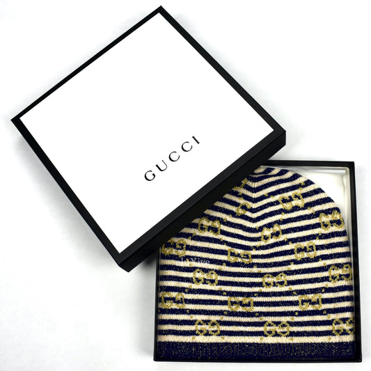 Gucci - Navy / Cream Striped Gold GG Monogram Beanie