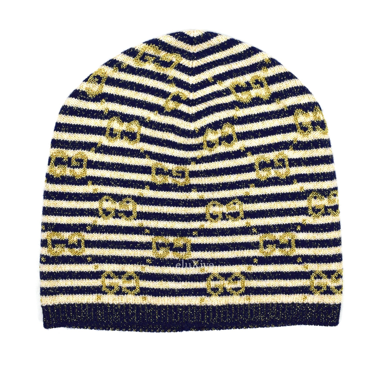 Gucci - Navy / Cream Striped Gold GG Monogram Beanie