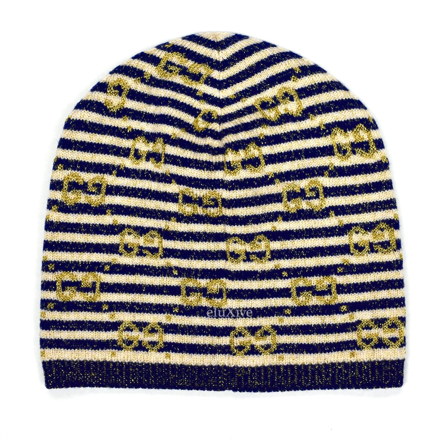 Gucci - Navy / Cream Striped Gold GG Monogram Beanie