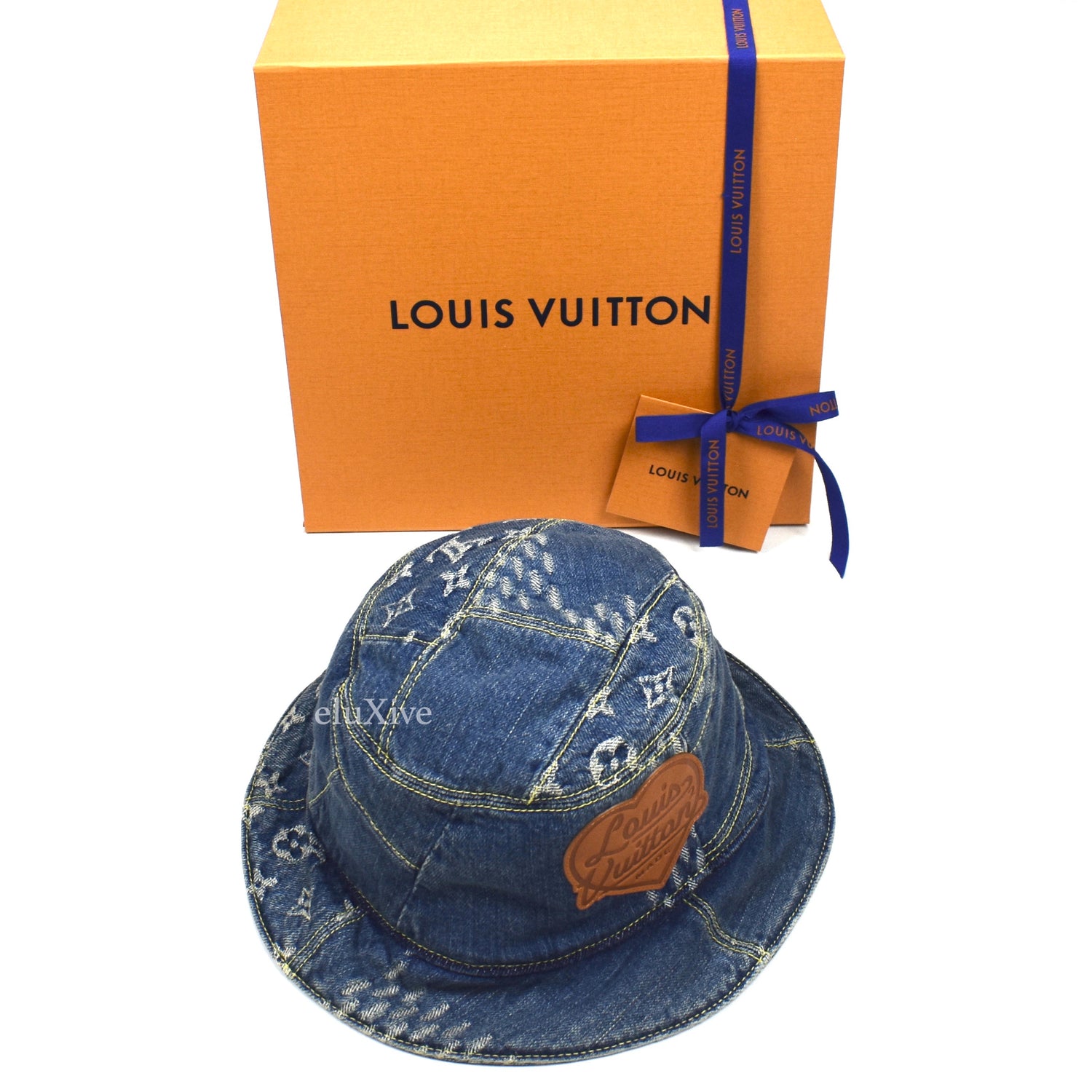 Louis Vuitton Nigo Blue Monogram Giant Wave Denim Logo Sun Bucket Hat M  58cm