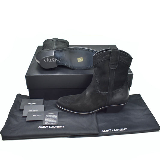 Saint Laurent - Black Buffed Suede Santiag Western Boots