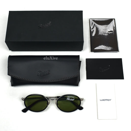 Persol - 2457-S Black/Silver Green Lens Oval Sunglasses