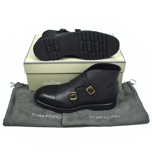 Tom Ford - Black Pebbled Calf Leather Monk Strap Boots