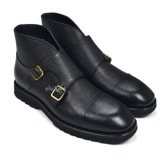 Tom Ford - Black Pebbled Calf Leather Monk Strap Boots