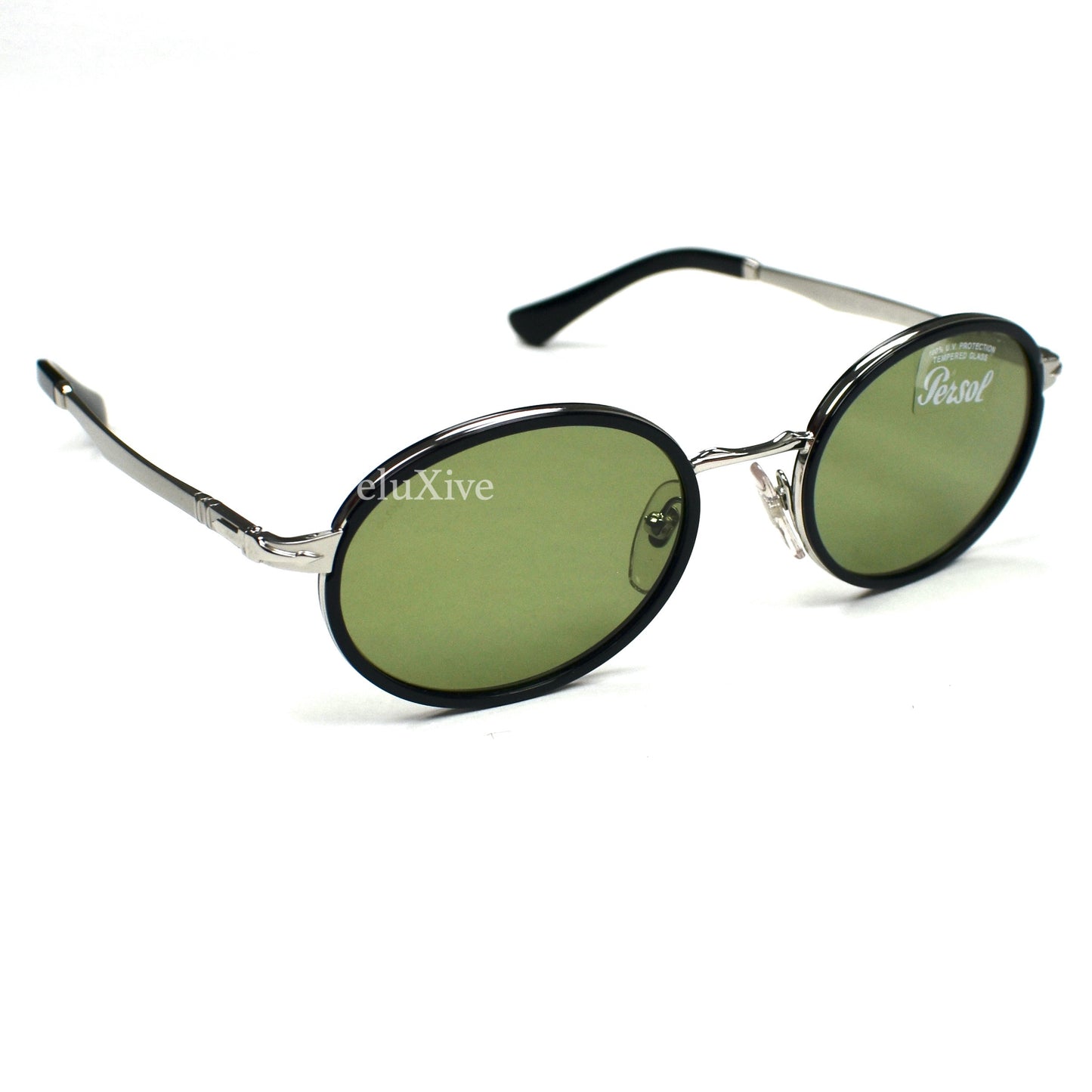 Persol - 2457-S Black/Silver Green Lens Oval Sunglasses