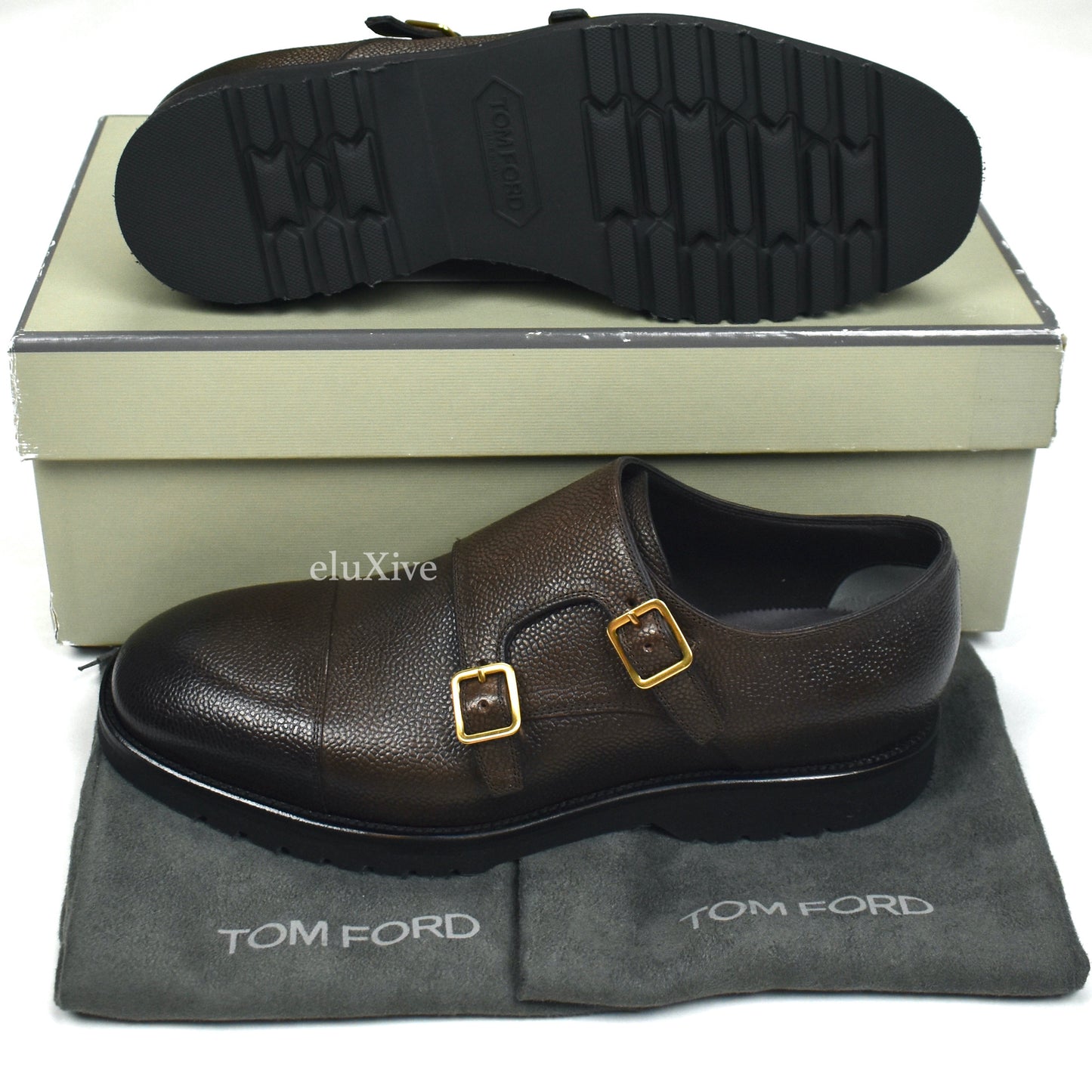 Tom Ford - Cigar Brown Pebbled Calf Leather Monk Strap Shoes