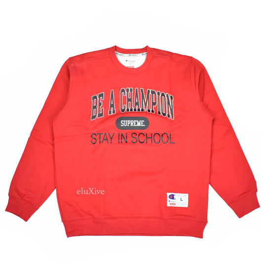 Supreme x Champion - Red 'Stay in School' Logo Sweatshirt