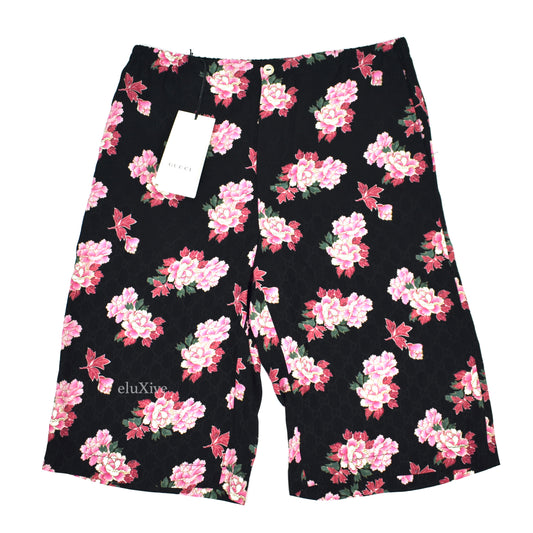 Gucci - Black Jacquard Monogram Woven Peony Blooms Slik Shorts