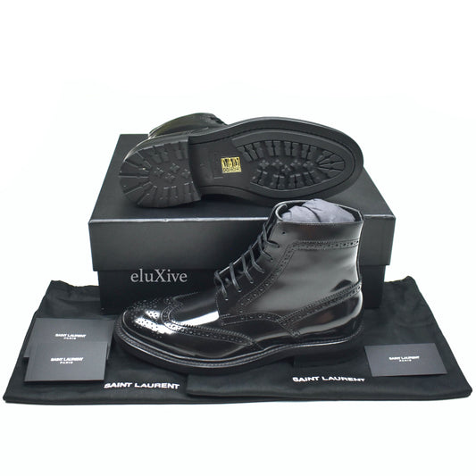 Saint Laurent - Black Patent Leather Brogue Army Boots