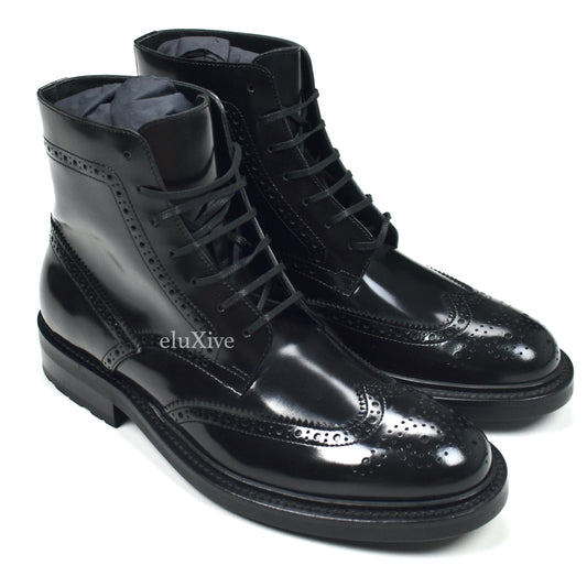 Saint Laurent - Black Patent Leather Brogue Army Boots