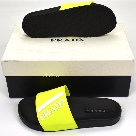 Prada - Black & Neon Yellow Logo Slides