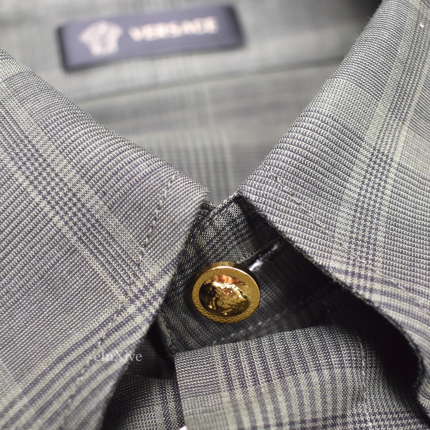 Versace - Olive Plaid Gold Medusa Button Shirt