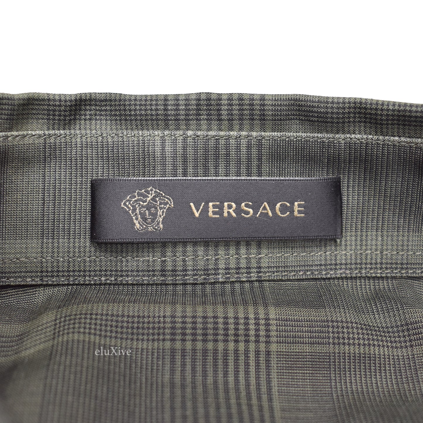Versace - Olive Plaid Gold Medusa Button Shirt