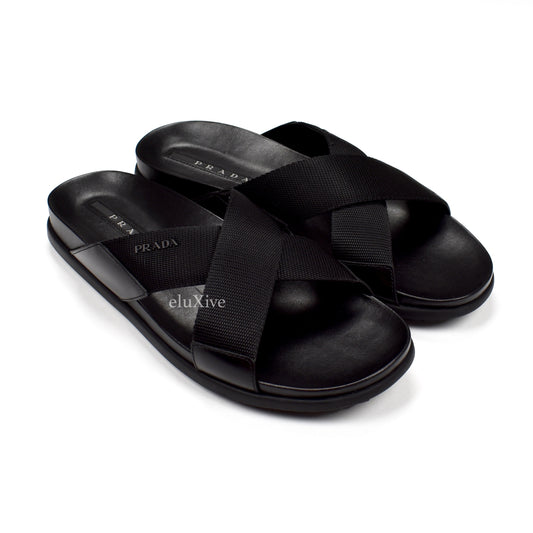 Prada - Black Leather Web Strap Sandals