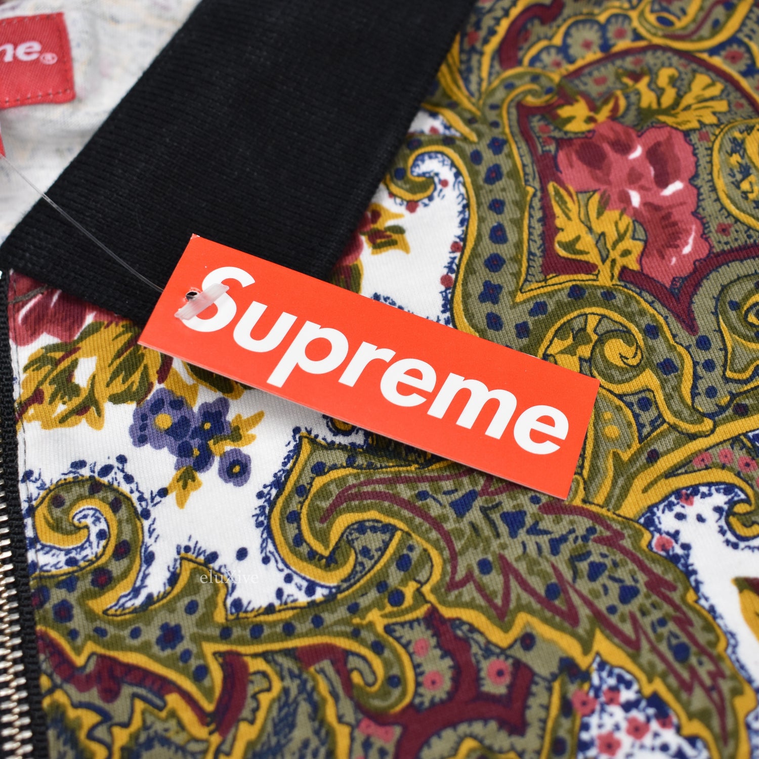 Supreme - Men's Gold Paisley Print Logo Embroidered Zip-Up Polo