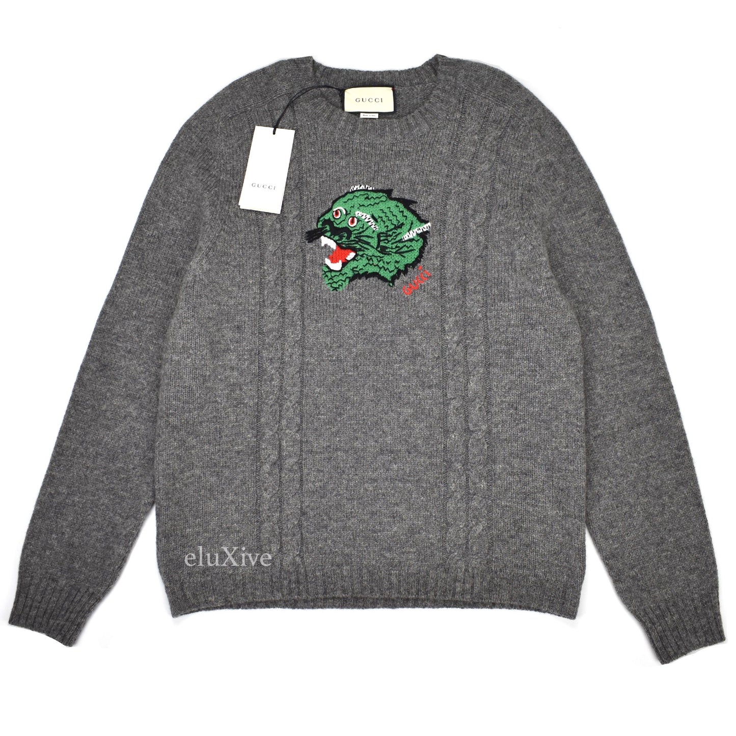 Gucci - Gray Dragon Logo Intarsia Knit Wool Sweater