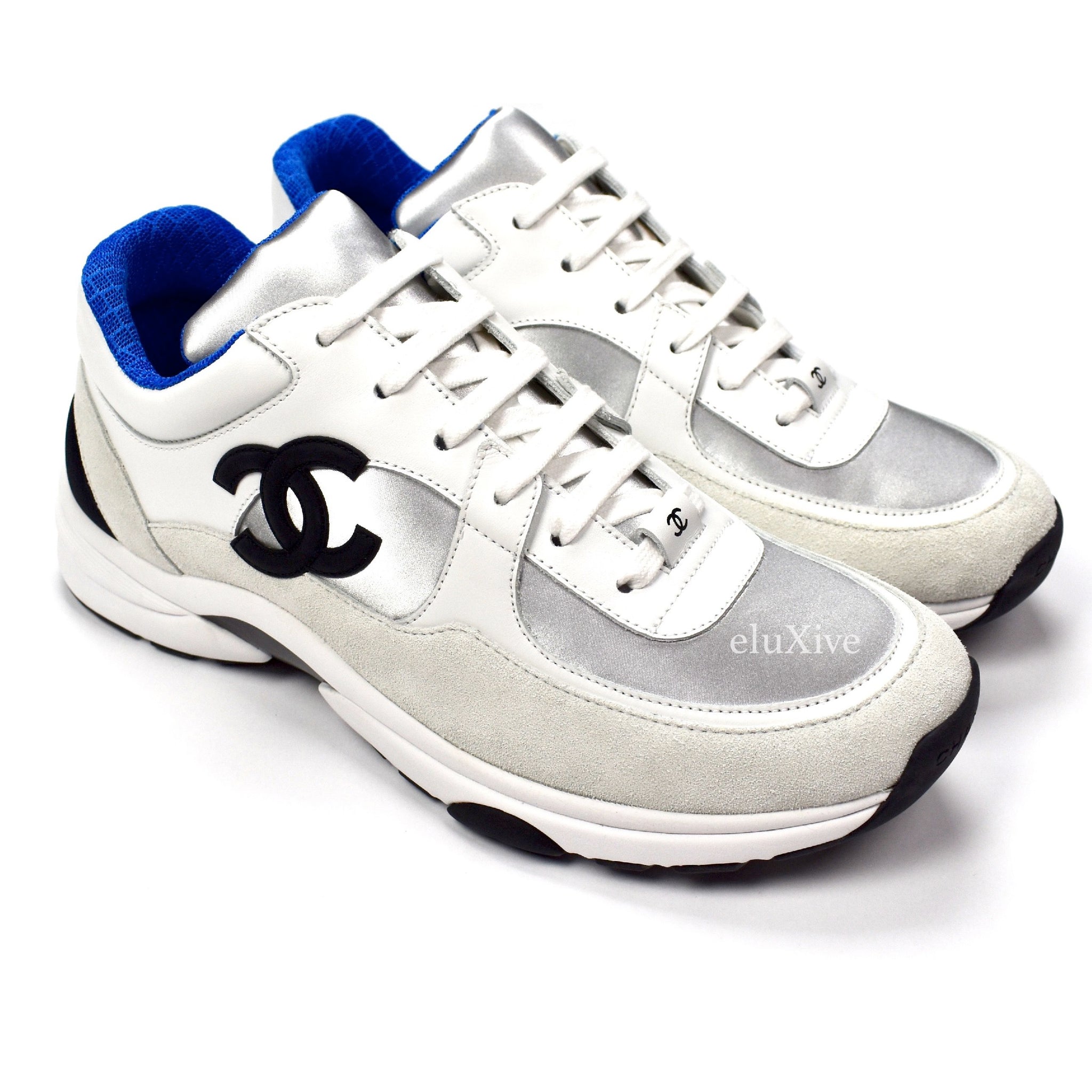 Chanel - White & Blue Leather Classic Monogram Logo Trainer Sneakers ...