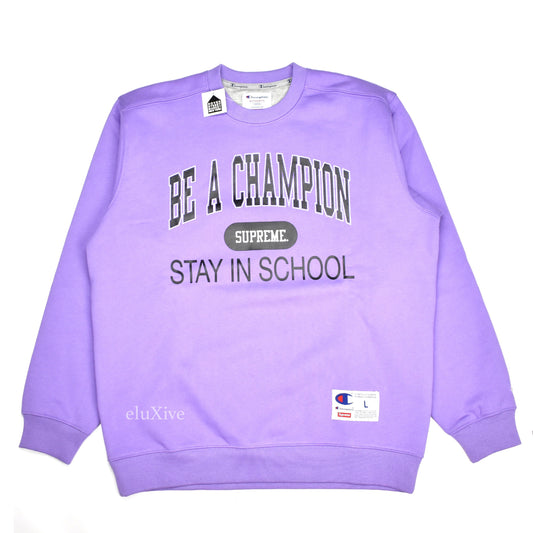 Supreme x Champion - Purple 'Stay in School' Logo Sweatshirt