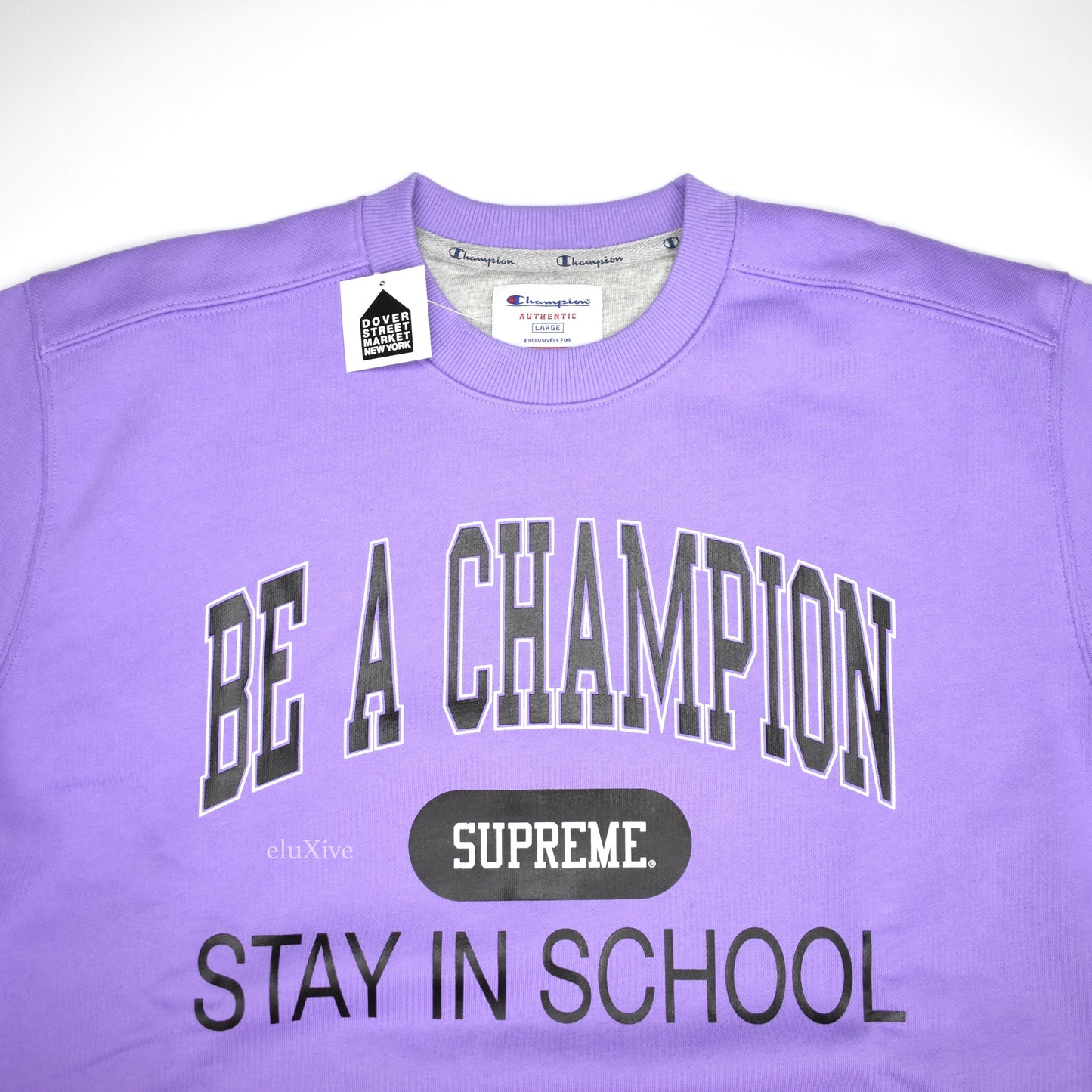Supreme x Champion - Purple 'Stay in School' Logo Sweatshirt