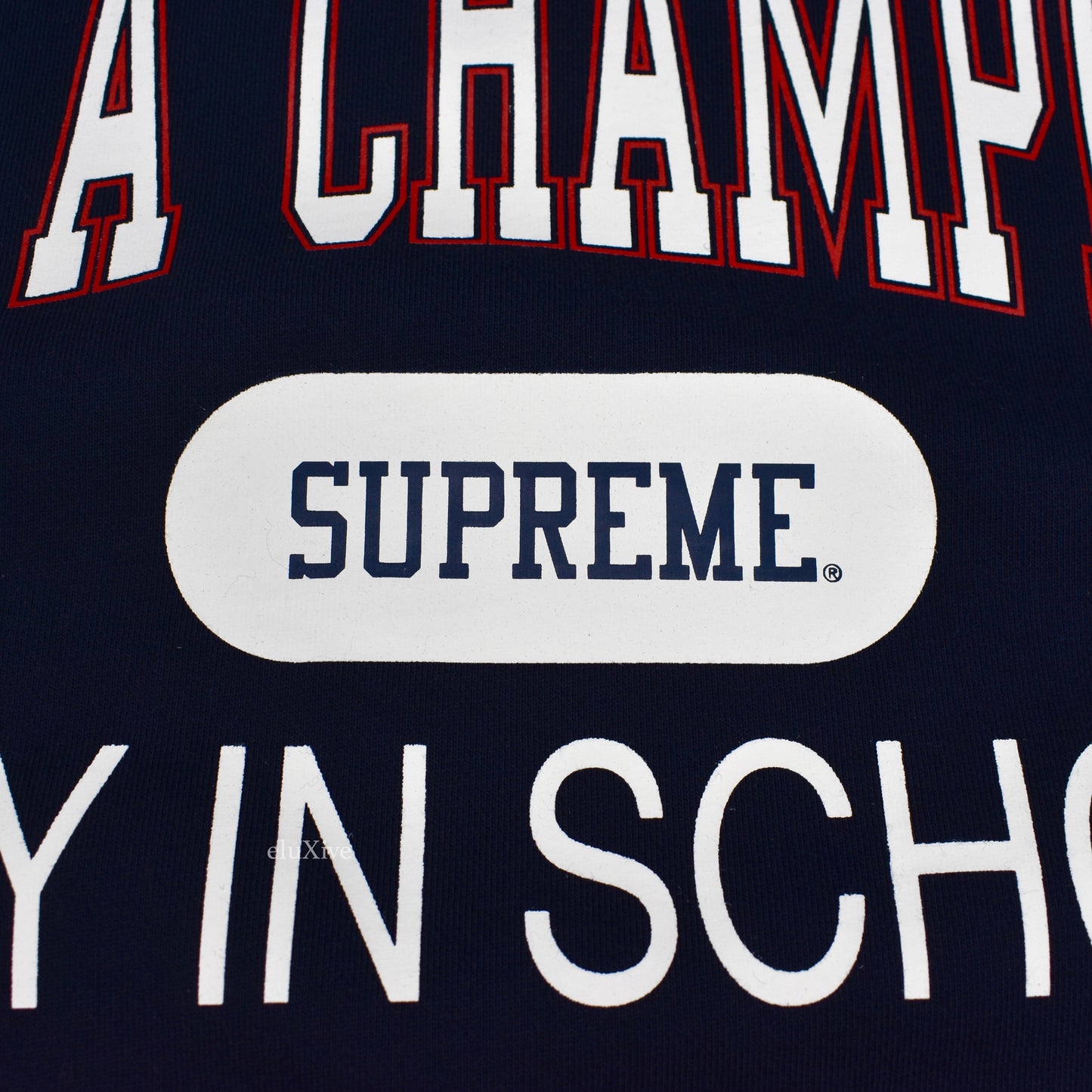Supreme x Champion - Navy 'Stay in School' Logo Sweatshirt