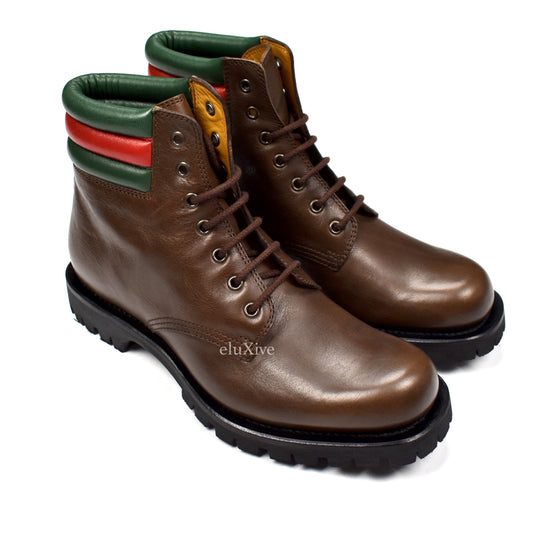 Gucci - Brown Leather Web Stripe Boots