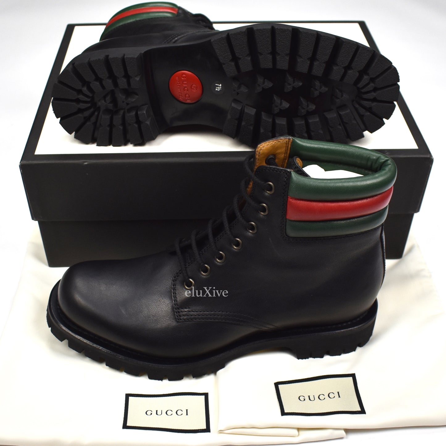 Gucci - Black Leather Web Stripe Boots