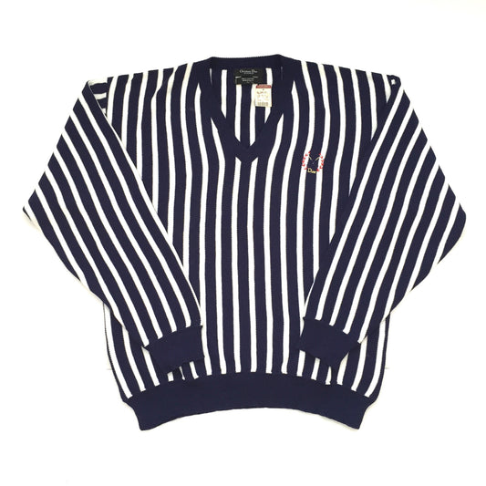 Dior - 90s Vintage Navy & White Vertical Stripe Sweater